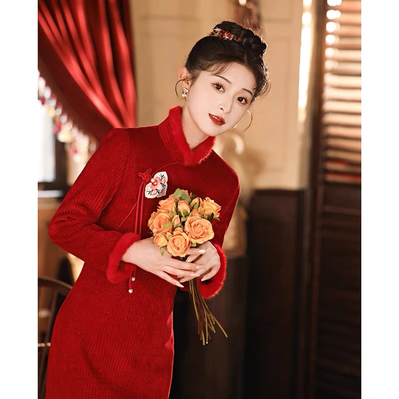 绫素【花想容】冬季新款加厚红色旗袍日常修身复古优雅气质S-3XL