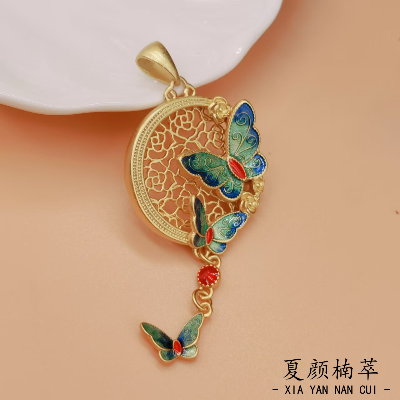 吊坠925银珐琅 【夏颜楠萃】S925银  珐琅彩花丝蝶恋花吊坠  国风  