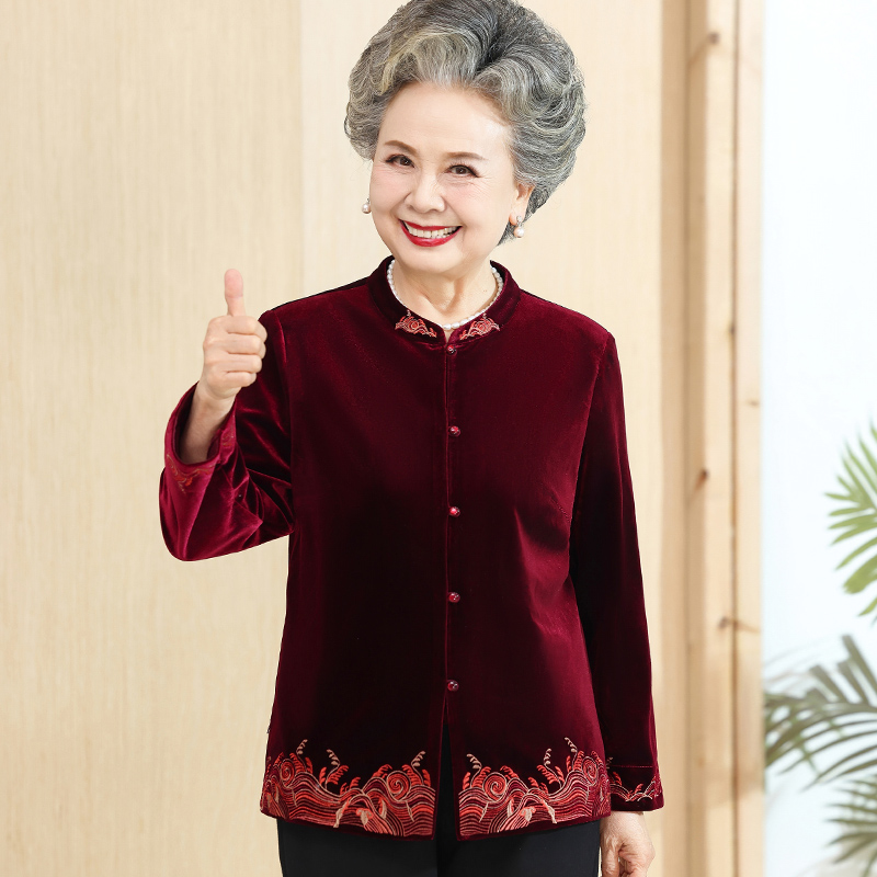 中老年人妈妈装春秋季女装高档金丝绒上衣阔太太衣服奶奶薄款外套