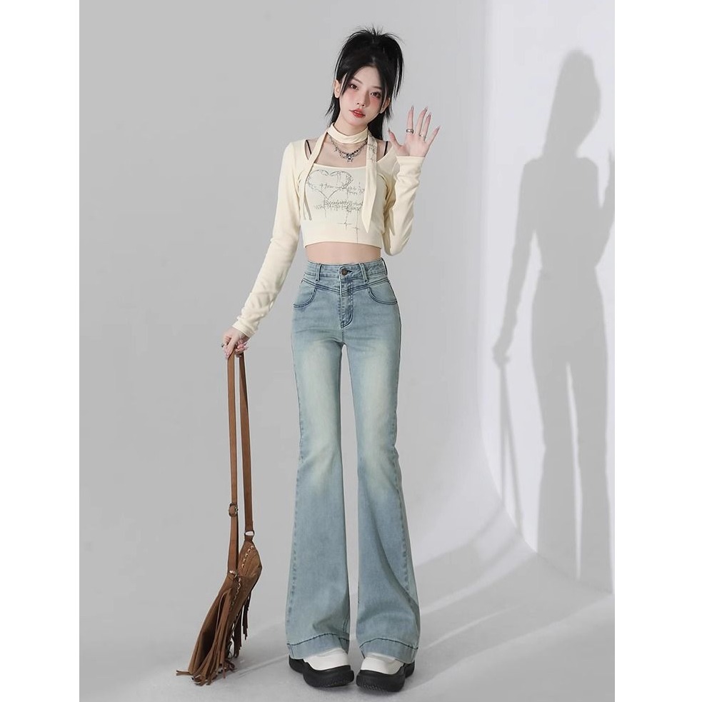 浅蓝色微喇牛仔裤女2025年秋季新款高腰显瘦高个子加长弹力喇叭裤