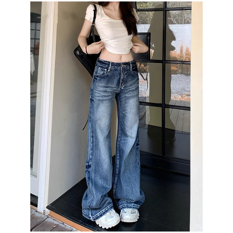 美式复古阔腿牛仔裤女2025新款水洗裂痕宽松不贴腿直筒微喇拖地裤