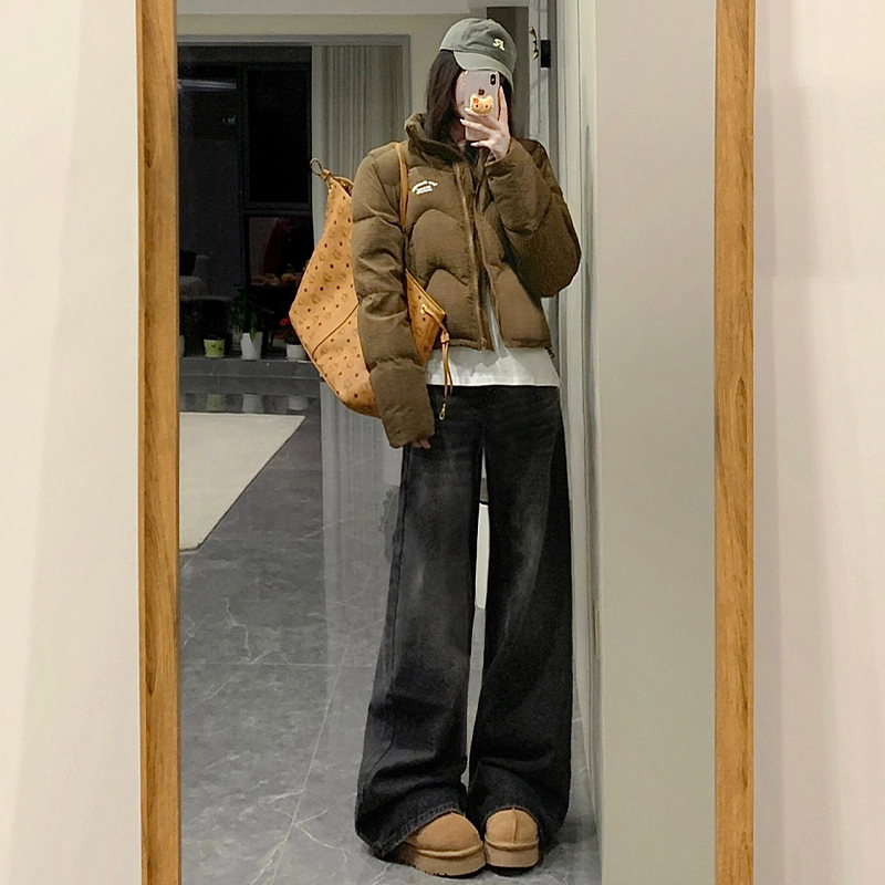 美式复古黑灰色高腰宽松阔腿牛仔裤女秋冬垂感加长阔腿拖地长裤子