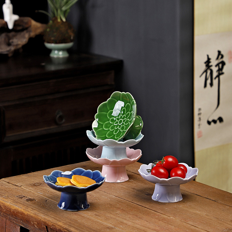 陶瓷中式高脚果盘茶点盘茶几高点盘会所餐厅坚果盘轻奢摆盘水果盘