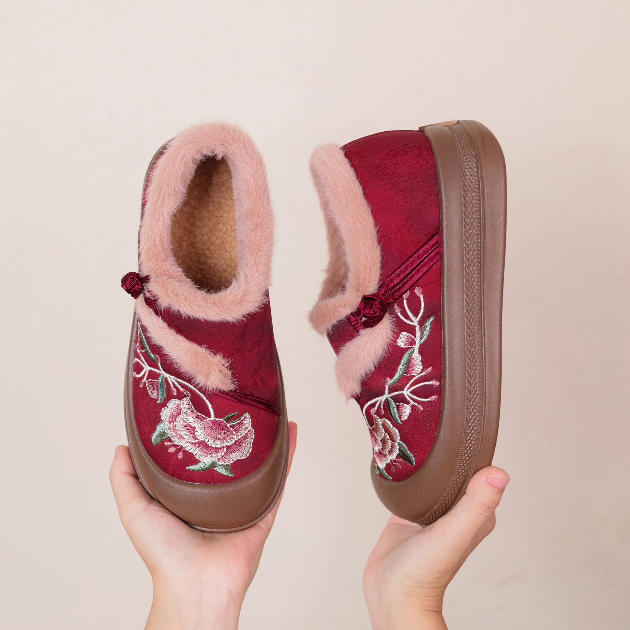 祥福云老北京布鞋一脚蹬民族风刺绣加绒防滑新中式防踢头女鞋棉鞋