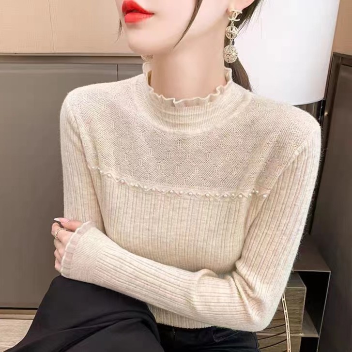 2025秋冬新款女装韩版气质蕾丝半高领毛衣修身显瘦长袖针织打底衫