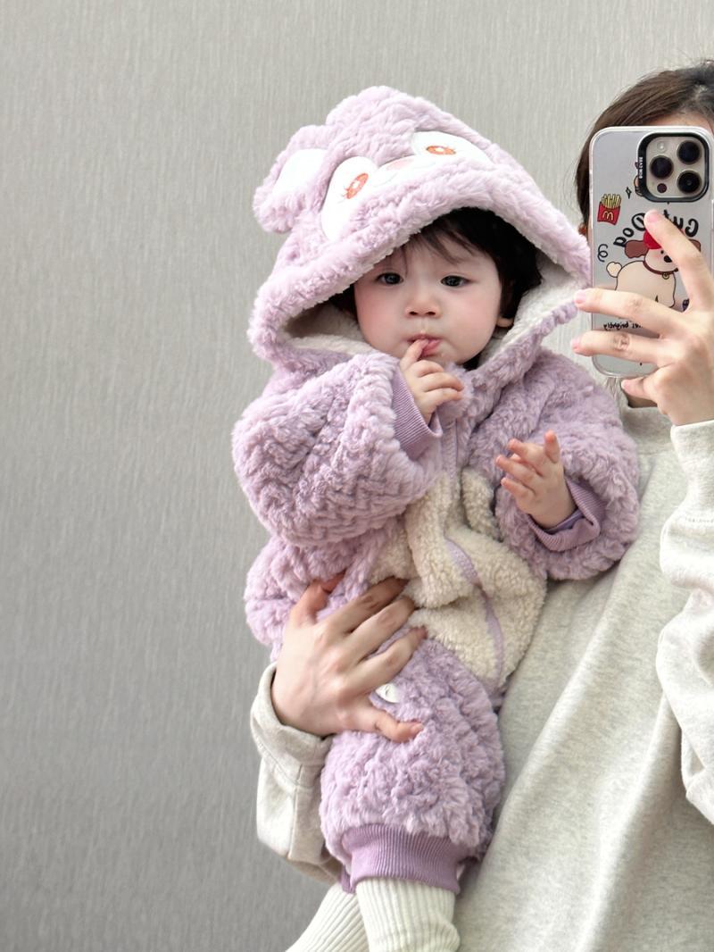 婴儿可爱小兔毛毛加厚连帽连体衣冬装韩版加绒保暖连帽爬服外出服