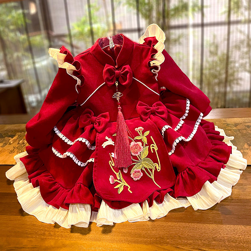 女童新款加绒洋气洛丽塔公主裙儿童中式喜庆周岁礼服宝宝红色年服