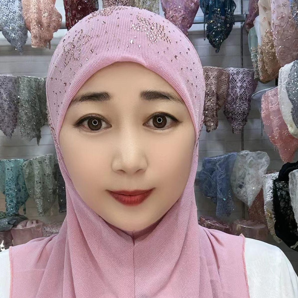 银丝网纱烫钻圆口盖头【四季款】蕾丝