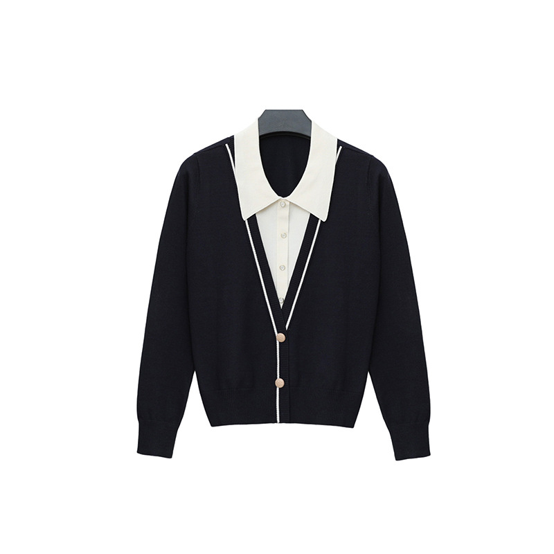 千韵伊然 时尚气质百搭小香风设计感撞色假两件长袖针织衫女1566