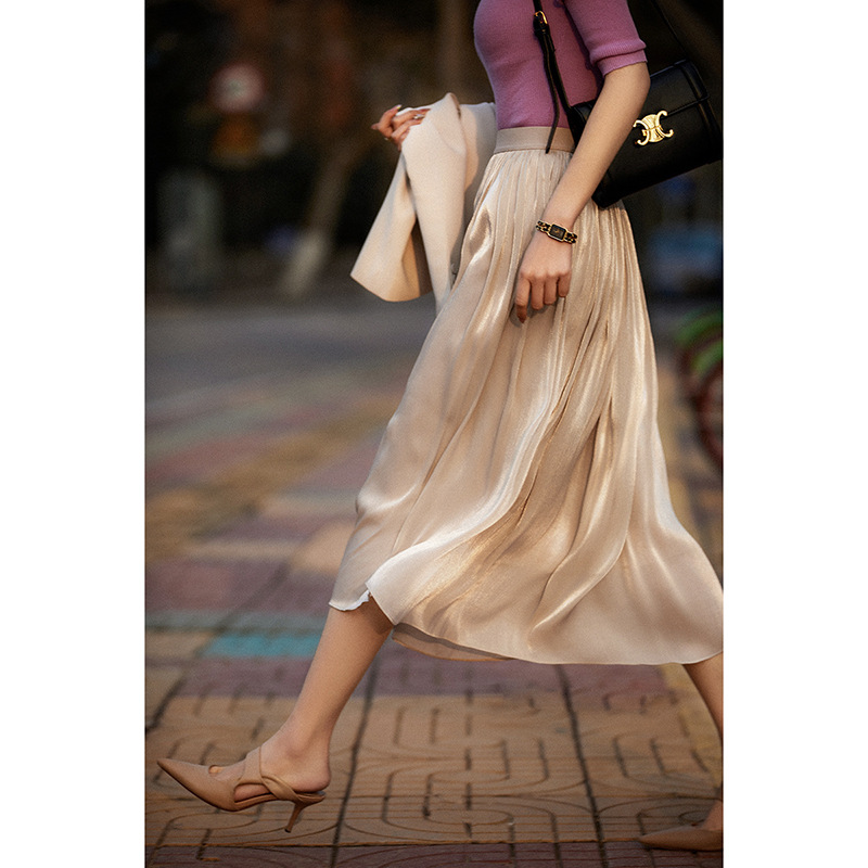 新款珠光法式复古时尚丝滑裙子气质显瘦百搭高腰半身裙1114