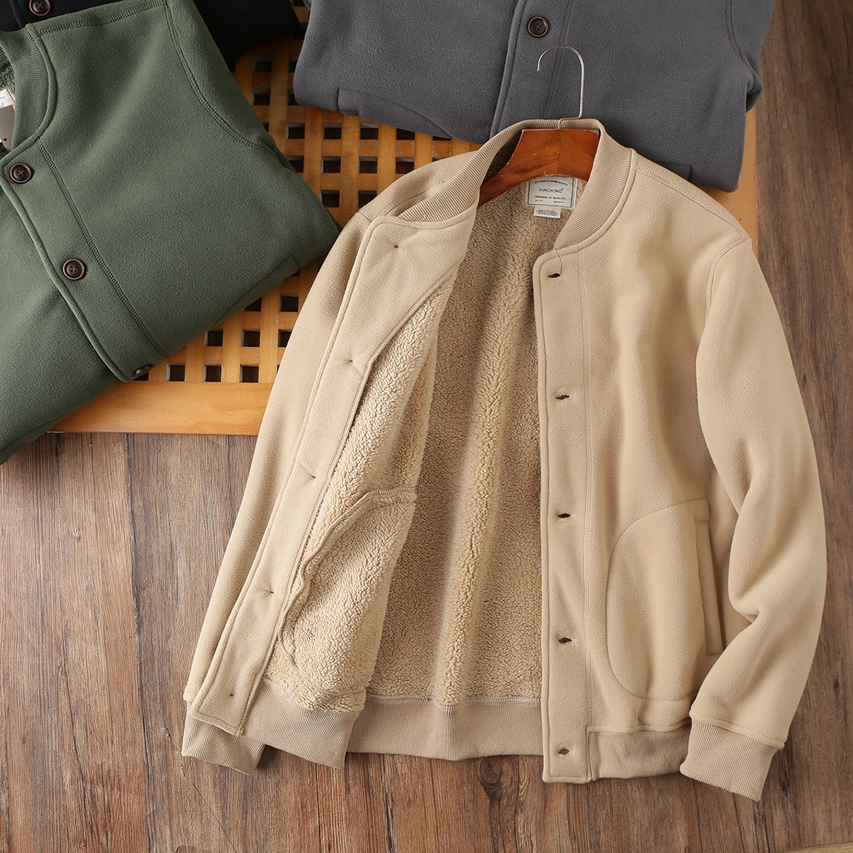 ［砺兵户外］袖子加绒阿美咔叽风双面摇粒绒秋冬男士加厚保暖棒球服