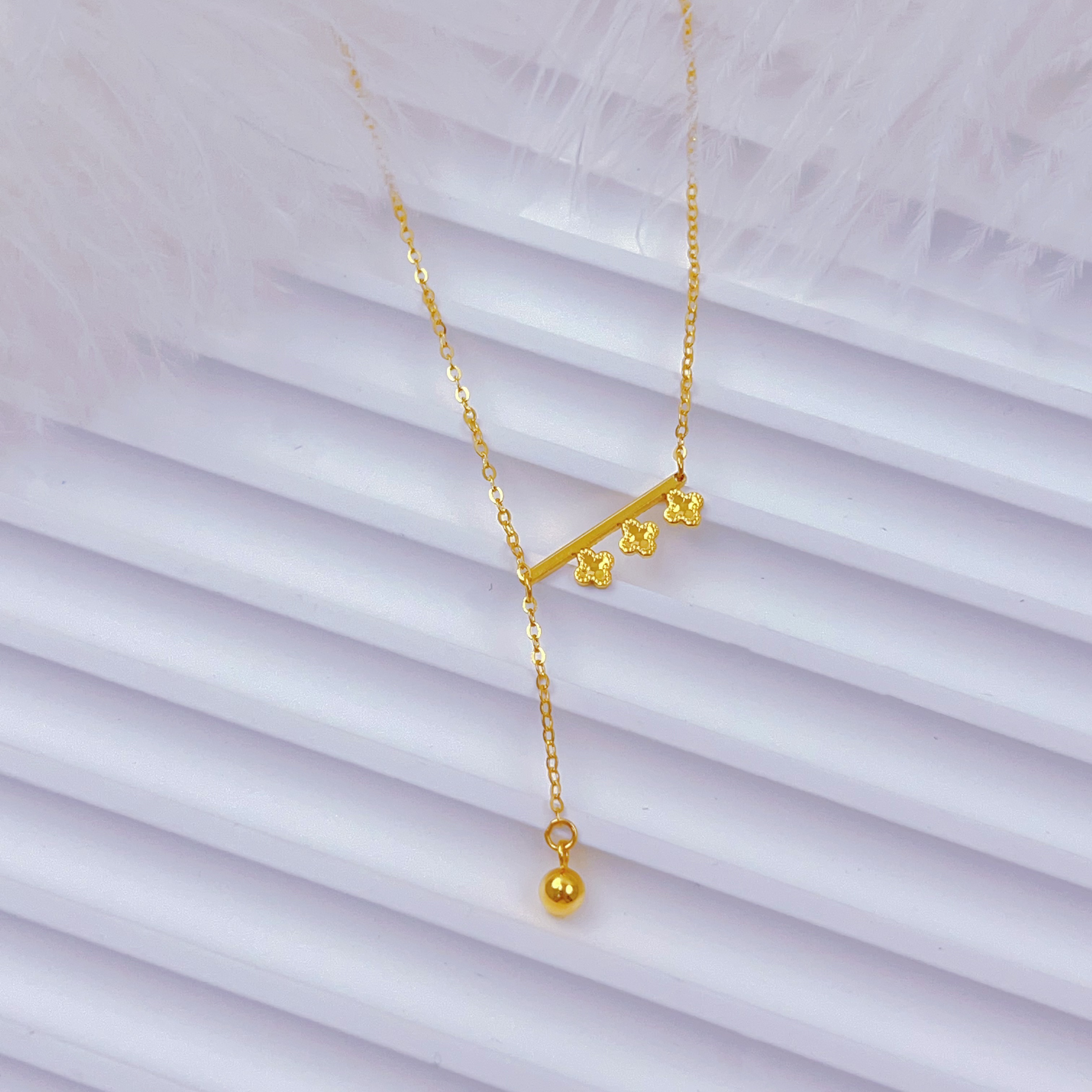 足金999龙鳞小四叶草套链轻奢时尚百搭小众抽拉坠链素款简约经典