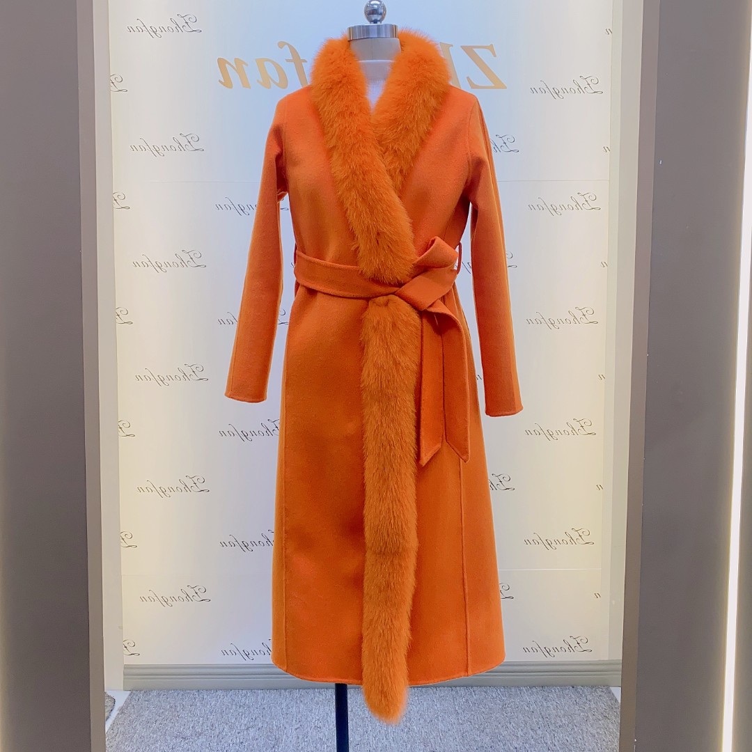 2024秋冬新款定制高端气质狐狸毛领双面澳洲羊毛大衣中长款女外套