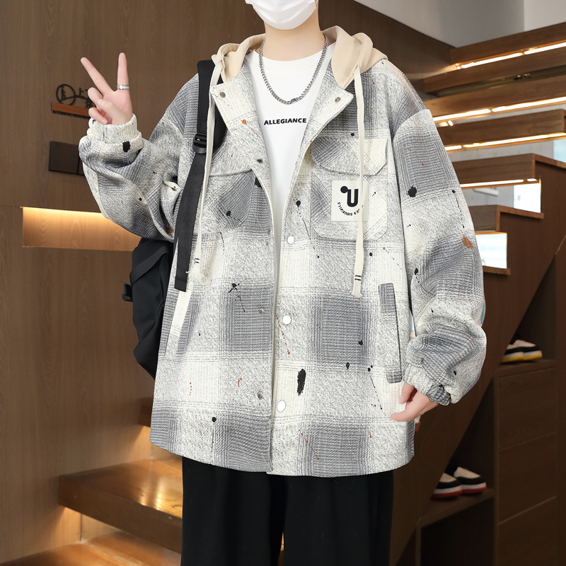 青少年学生连帽男夹克2025秋季新款港风潮流宽松休闲帅气格子外套