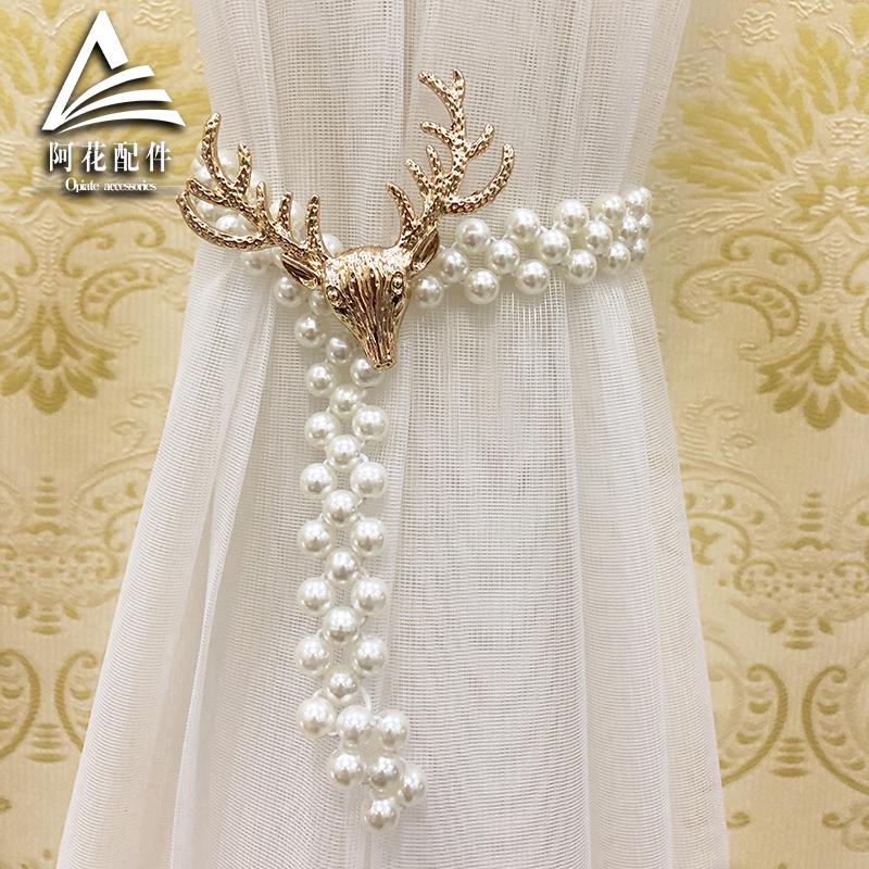 韩国时尚珍珠弹力绑带 免打孔轻奢鹿头窗纱窗帘扣 连衣裙装饰腰带