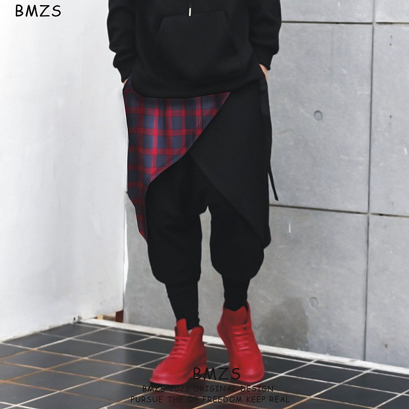 秋季小众假两件嘻哈裤格子男女吊裆裤潮流宽松垮裤裙裤束脚哈伦裤