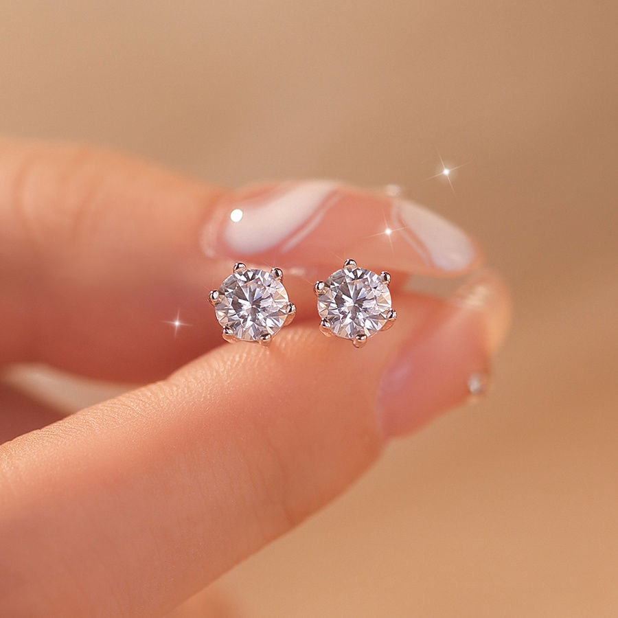 925银莫桑石银制品 【六爪耳钉】S925纯银轻奢简约气质经典时尚耳饰