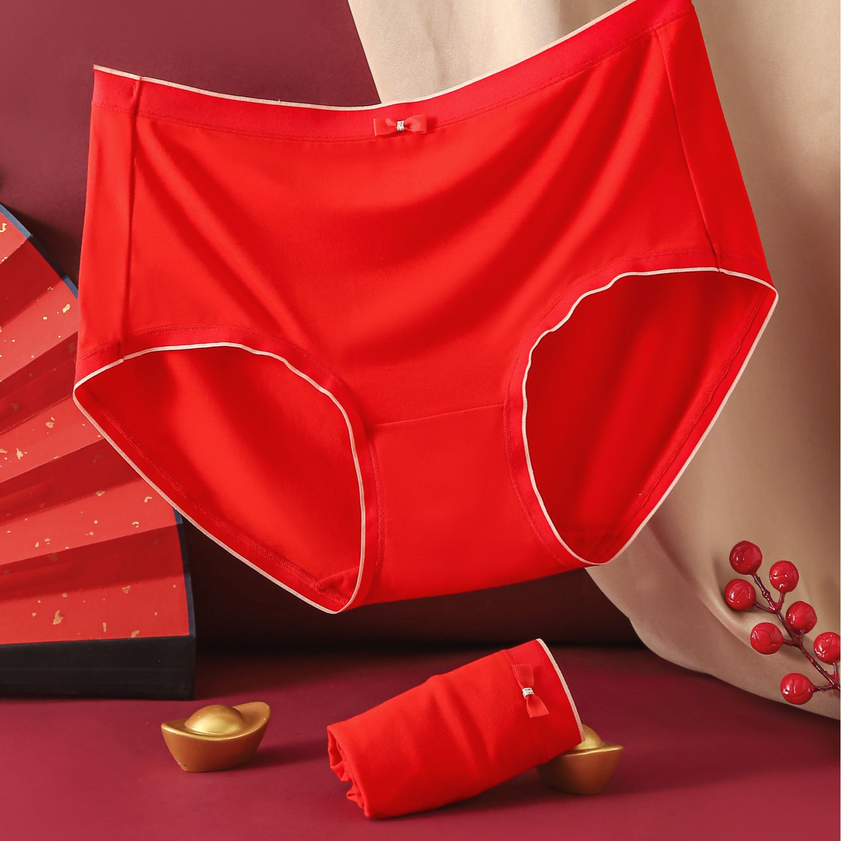 3条装红色经典内裤女90-138温柔优雅舒适亲肤透气柔软简约三角裤