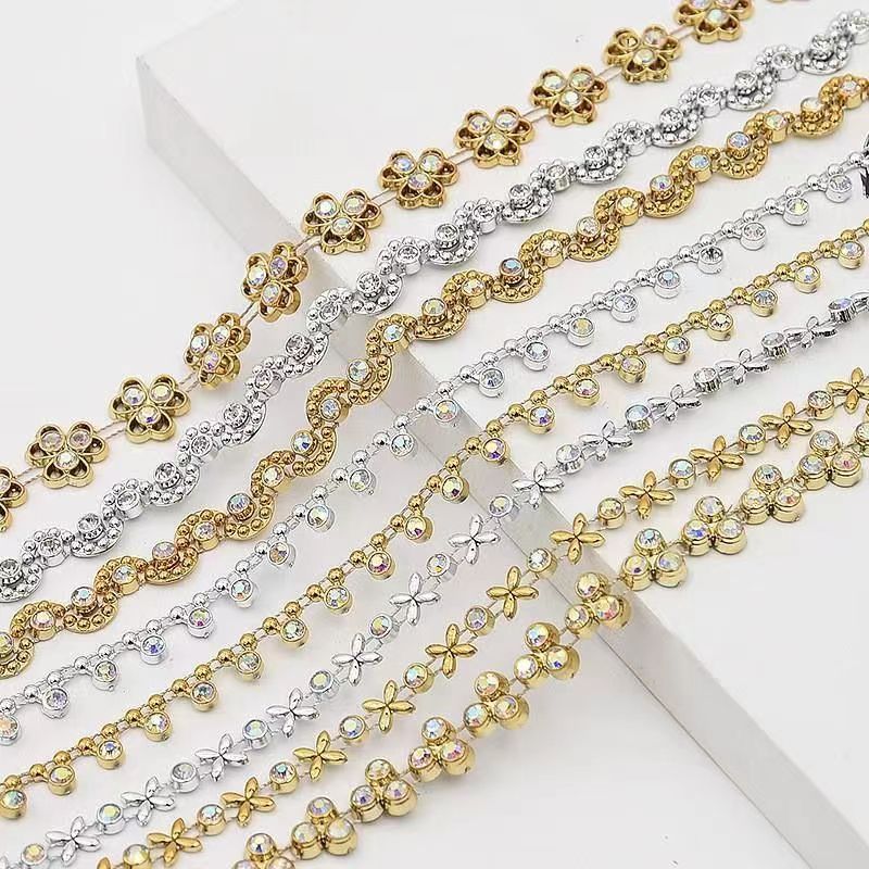 新品带钻链条花边辅助料菱形链条爱心四叶草电镀金色银色带钻链条