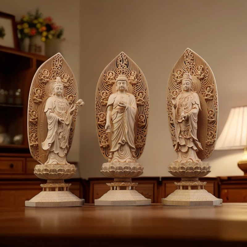 桧木西方三圣家居摆件木雕观音弥勒公关客厅玄关创意工艺品