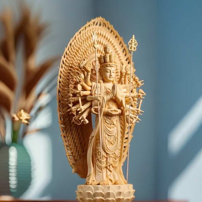 桧木精雕工艺千手观音家居创意玄关摆件43厘米高度