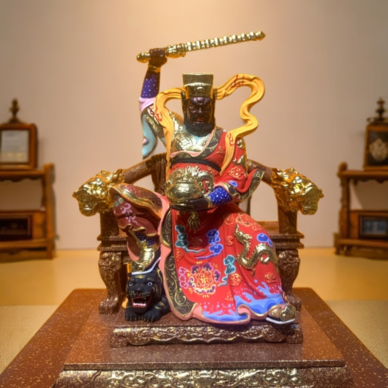 桧木彩绘赵公明道家摆件木雕工艺品家居用品