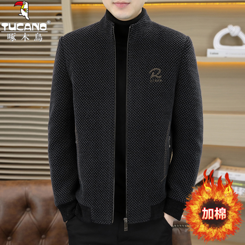 TUCANO/啄木鳥新款立领提花格子夹克男冬季加棉高端休闲毛呢外套