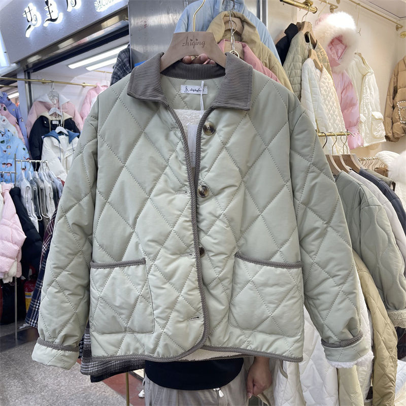 翻领菱格复古港风棉服外套秋冬新款显瘦学院风宽松棉袄