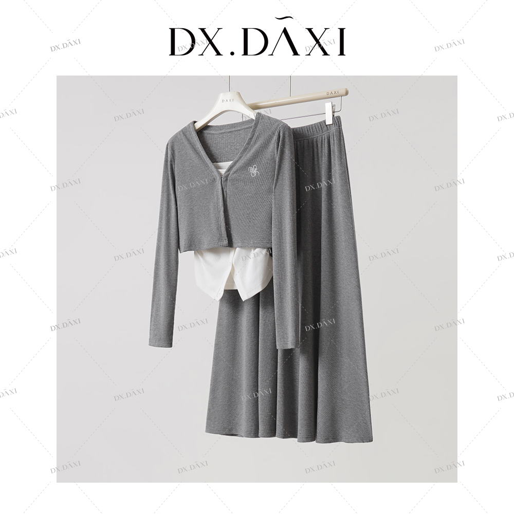 DX.DAXI【吸睛日常】垂感吊带披肩半身裙温柔气质纯色秋新款三件套