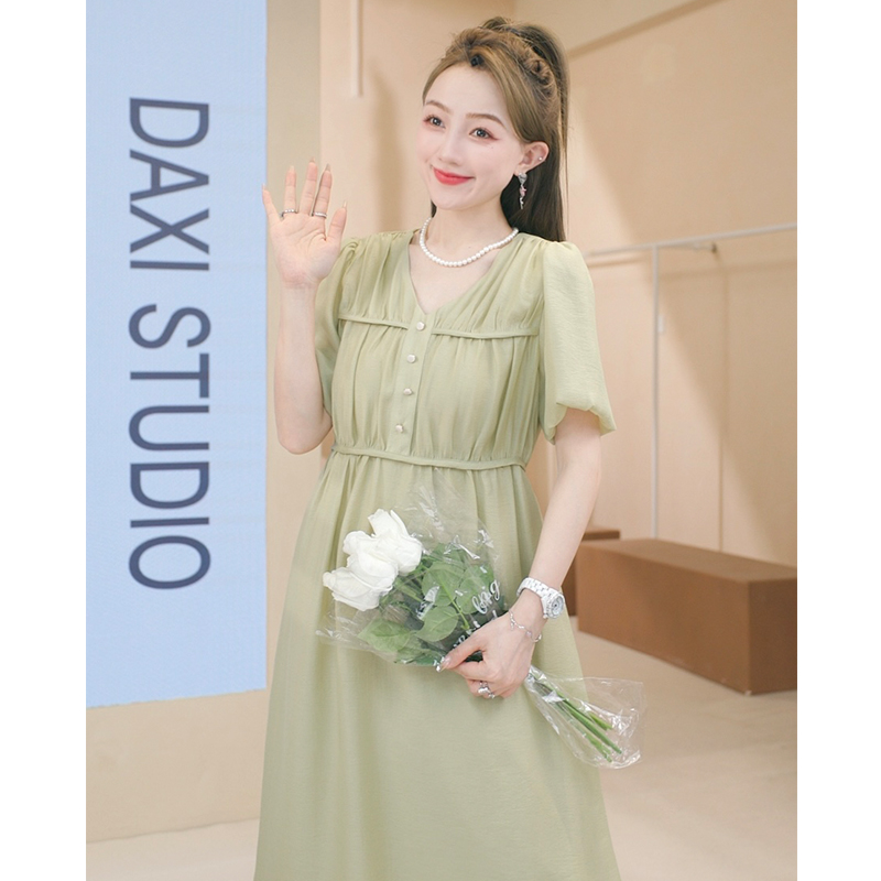 大喜自制#法式v领连衣裙女夏季新款小个子显瘦百搭中长款裙子Z010