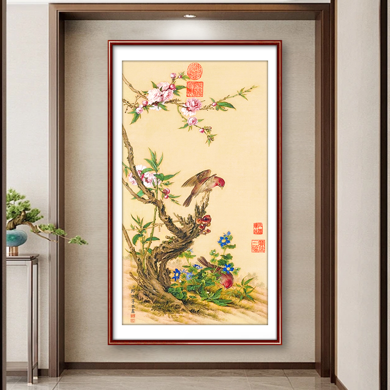 芊虹秀花鸟图十字绣2025新款线绣高端客厅名画玄关竖版手工刺绣