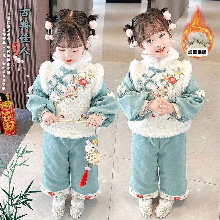 女童唐装加绒加厚套装汉服儿童中国风新年拜年服宝宝加绒周岁礼服