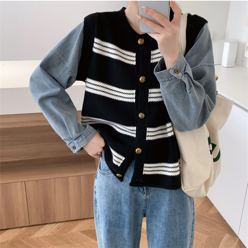 宽松牛仔拼接毛衣开衫外套女小个子假两件针织衫条纹上衣新款