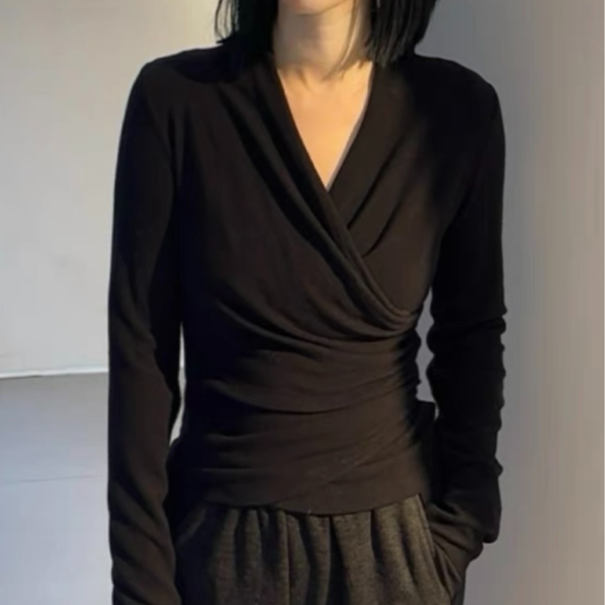 新款V领掐腰打底衫显瘦气质百搭时尚长袖打底