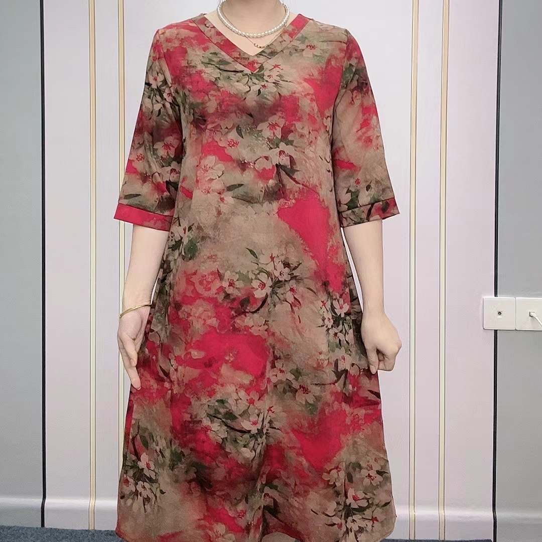 【红梅中袖】妈妈装2024夏季时尚宽松连衣裙洋气中老年女装百搭长裙