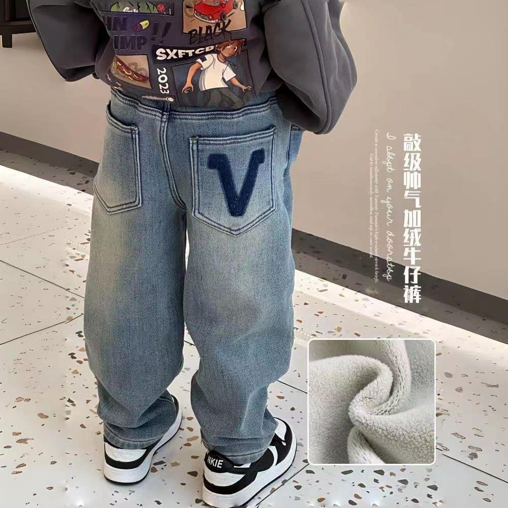 男童加绒牛仔裤2023冬季加厚韩版新款休闲一体绒长裤中大童裤XKT