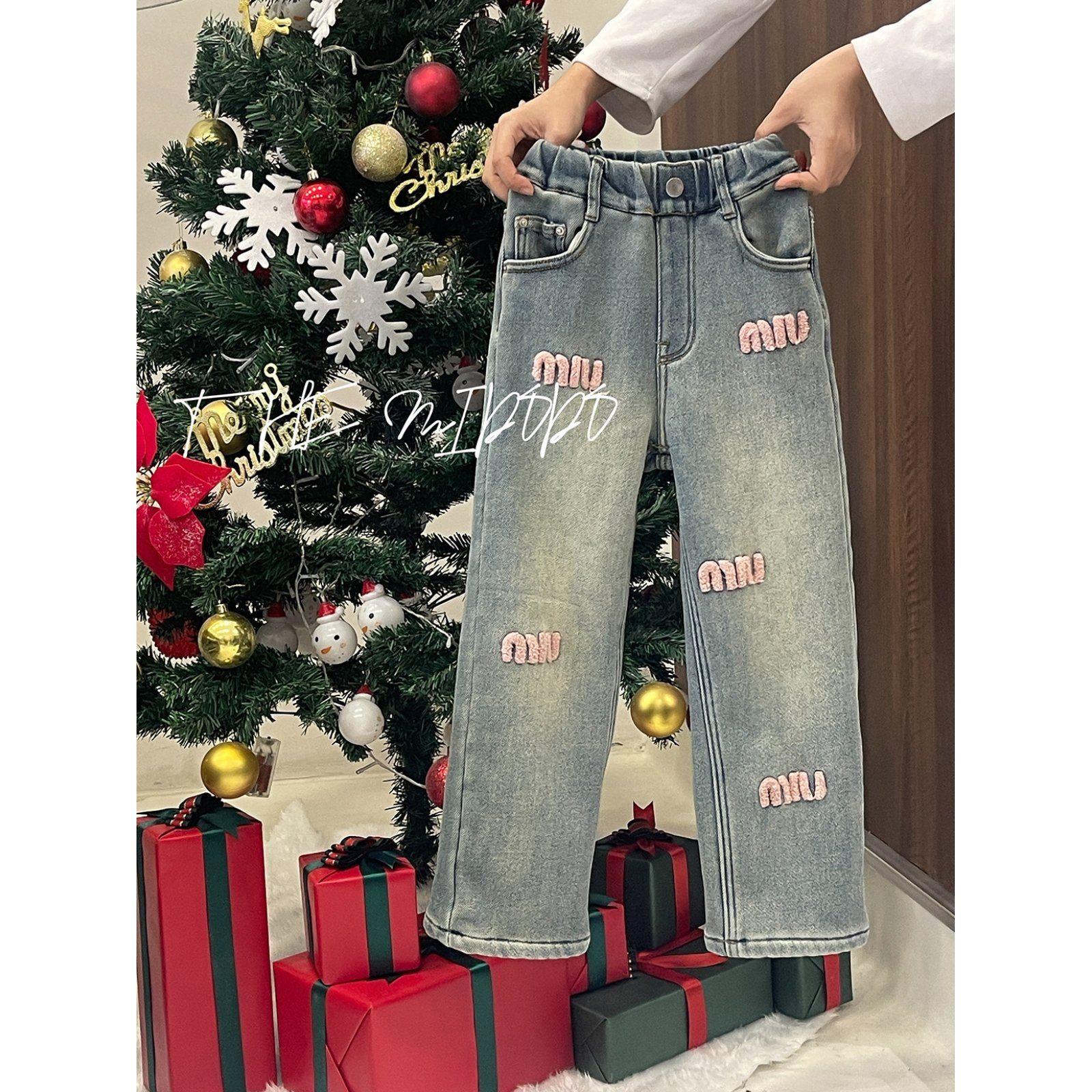 韩国童装女童冬季女孩加厚加绒时髦窄版牛仔裤长裤直筒裤烟管XFW