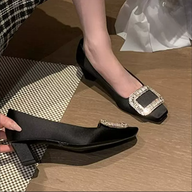 2025~新款中跟方头水钻绸缎高跟婚鞋船鞋女~龘爨