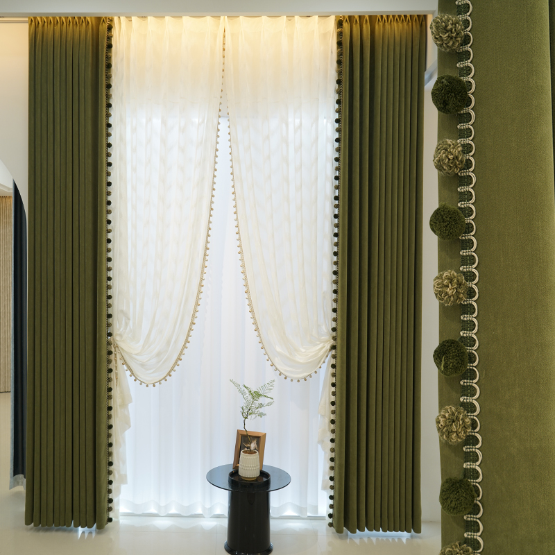 美式窗帘布空间全遮光雪尼尔绒感大师松石绿客厅布空间高端窗帘
