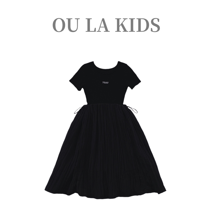 2024夏季新品女大童装黑色修身显瘦高级设计师款拼接连衣裙A33565