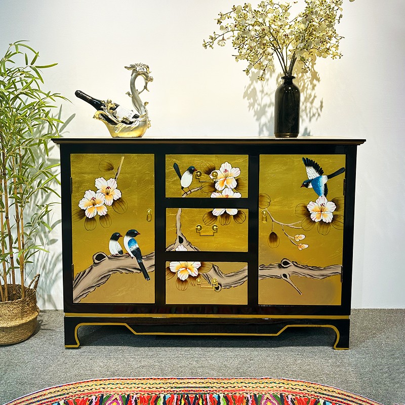 120*35*86玄关实木抽屉柜简约现代金箔烤漆手绘花鸟收纳储物边柜