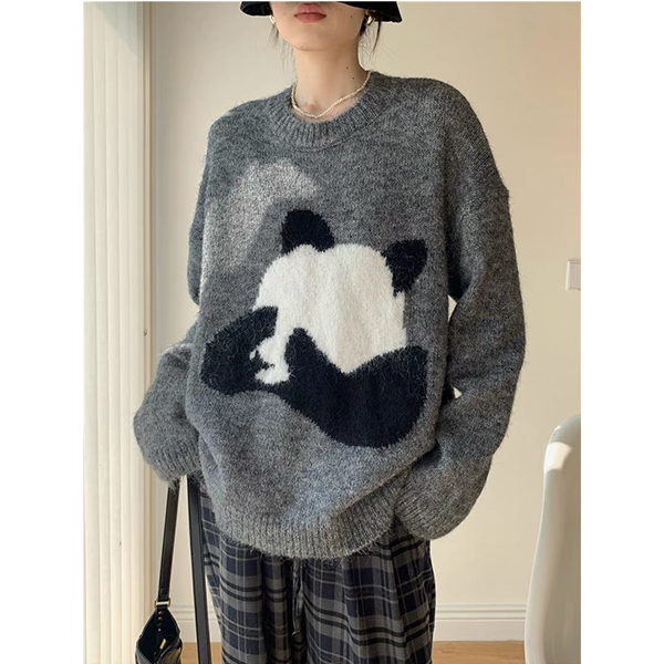  【大熊猫提花】早秋新款纯色宽松休闲时尚百搭长袖针织衫毛衣