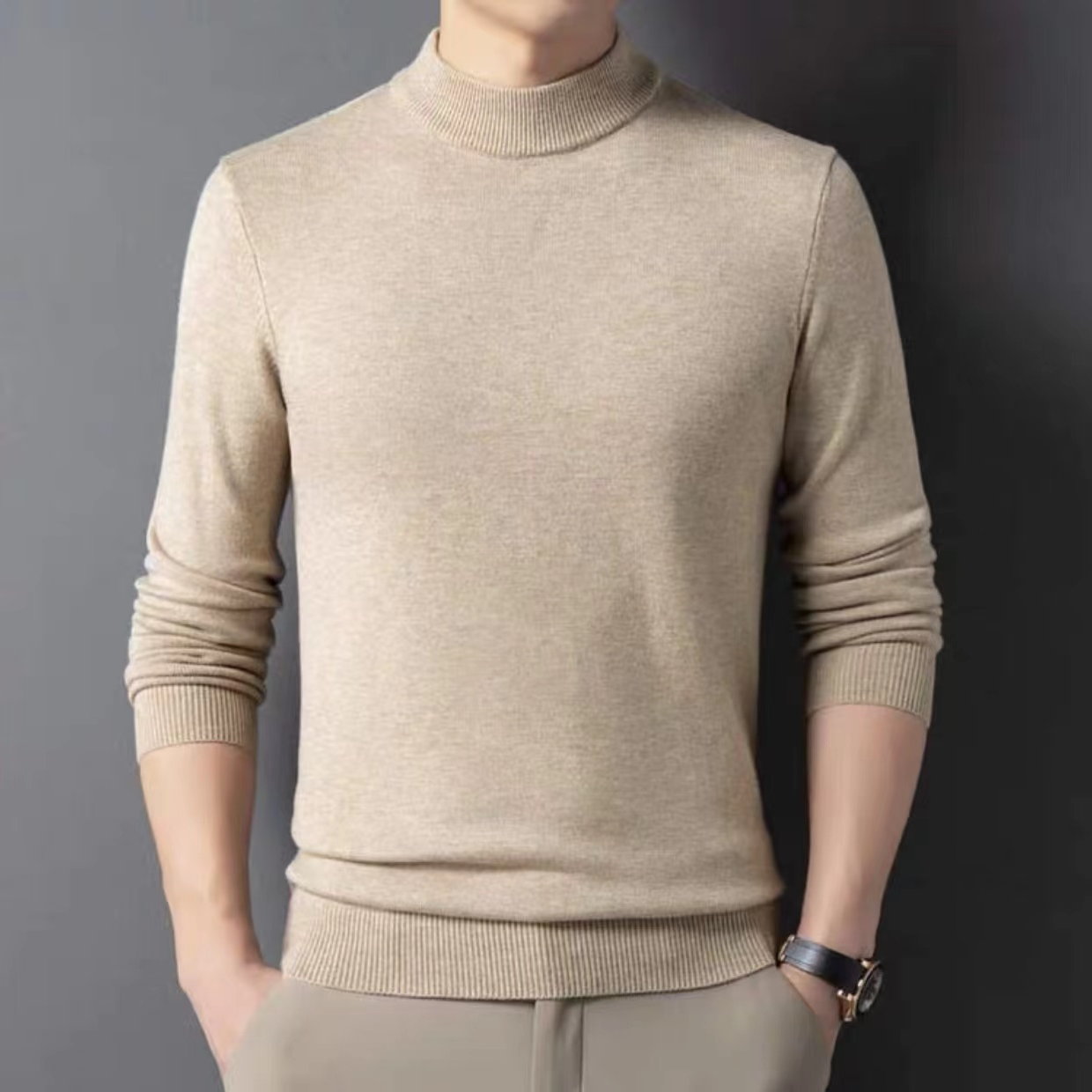 男士半高领纯色长袖毛衣 时尚百搭冬季保暖休闲打底衫