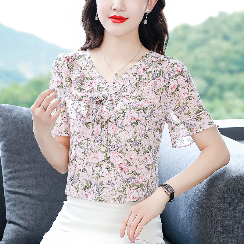 工厂直销碎花小衫女夏季2025新款百搭洋气荷叶边短袖上衣真丝衫女