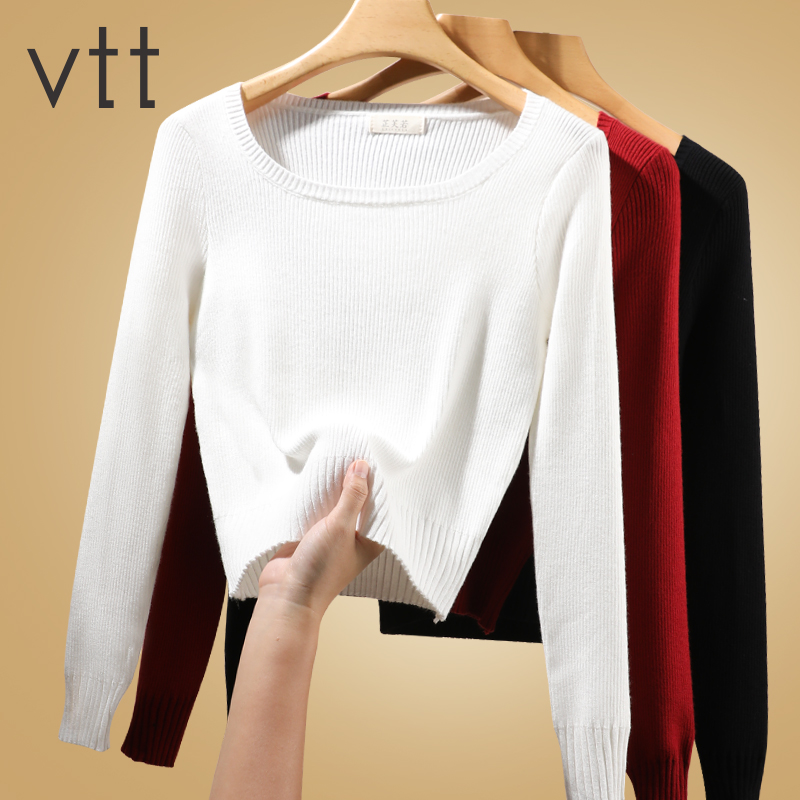 套头针织衫女秋冬季加厚打底衫黑色百搭修身短款上衣方领长袖毛衣