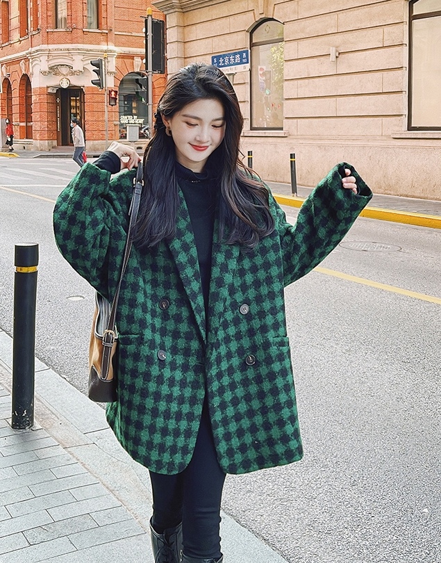 2023冬季百搭中长款格子外套千鸟格格纹呢子加厚呢大衣韩版宽松