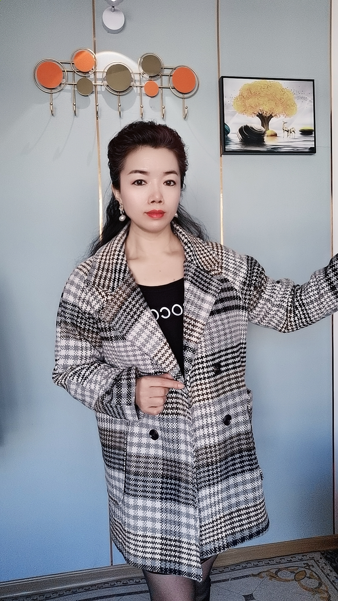 呢子大衣外套女毛呢外套气质格子百搭时尚千鸟格黑白格纹潮流