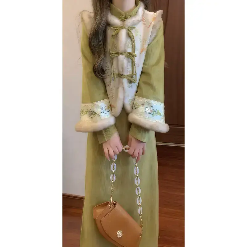 【只此青绿】新中式国风复古加绒旗袍连衣裙搭配毛毛马甲秋冬款套装