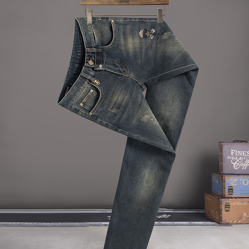 2025男士秋冬加绒牛仔裤新款重工炒洗弹力修身小直筒欧版休闲裤