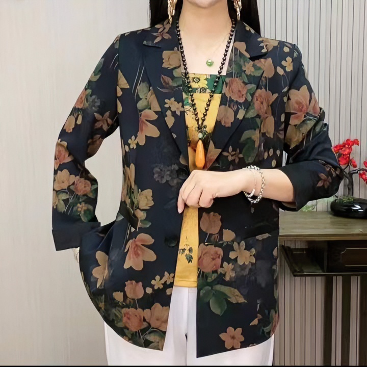 春秋款花色小西装修身显瘦减龄妈妈装